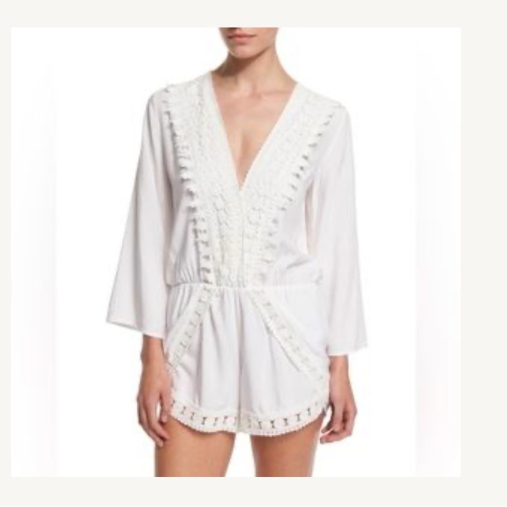 La Blanca White Crochet Lace Trim Romper Swim Coverup Large